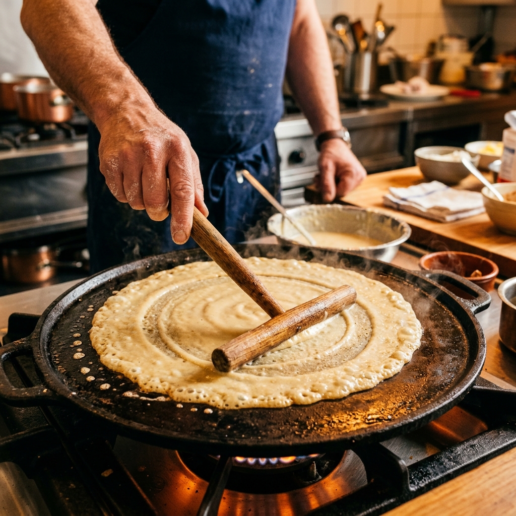 Chef bakt pannenkoek op grote bakplaat